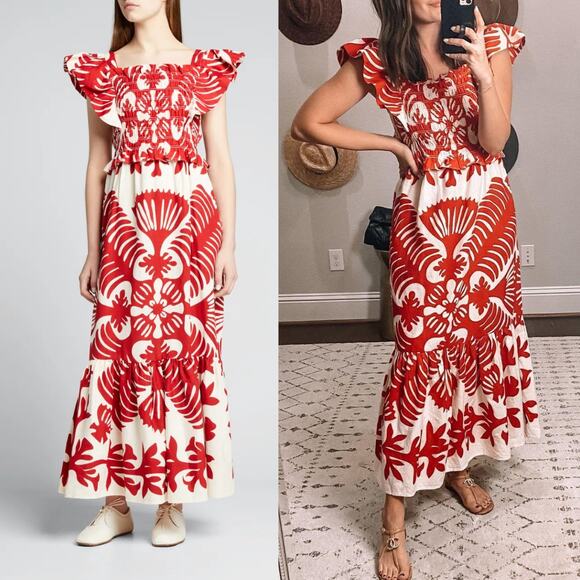Sea Dresses & Skirts - SEA‎ NY Maxi Dress Henrietta Ruby Red White Floral Smocked Bow Cutout Back Sz M